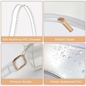 Detailed views of transparent PVC tote features smooth zipper and waterproof material