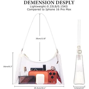 Detailed dimension display for clear PVC shoulder bag with weight information