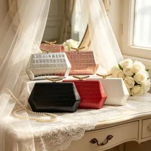 Women Hexagonal Crocodile Pattern Evening Bag PU Leather Clutch With Metal Clasp Elegant Vintage Wedding Banquet Purse
