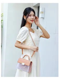 Detailansicht der eleganten transparenten und braunen Paneele der kleinen quadratischen Tasche