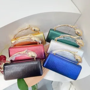 High-quality detail shot of luxury PU evening clutch bags in six metallic colors