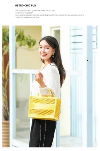 Stylish yellow PVC hollow out beach tote bag presented by a model in an outdoor setting
