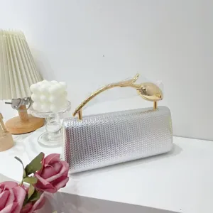 Silver woven PU evening clutch bag with elegant gold tulip-shaped metal handle