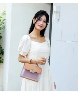 Asiatisches Model mit einer kleinen quadratischen Handtasche aus braunem Leder und PVC