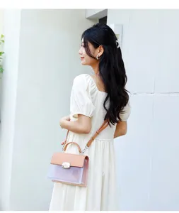 Modische Vintage-Umhängetasche aus transparentem PVC und rosa Leder-Elementen.