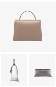 Detailed views showing multiple angles of a structured taupe handbag with clear sides