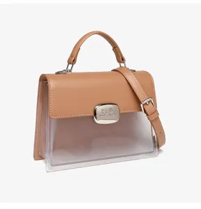 Moderne braune Leder- und transparente PVC-Umhängetasche mit silbernem Pferdelogo