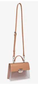Handtasche aus braunem Leder und klarem PVC mit verstellbarem silbernem Schultergurt