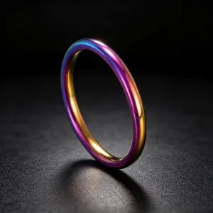 Gros plan d'un anneau minimaliste rond de 2 mm en acier titane avec fini arc-en-ciel vibrant.