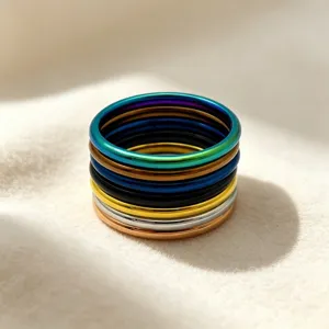 Détail de l'anneau fin en acier titane minimaliste empilable de 2 mm aux couleurs variées.