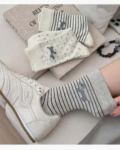Women cute puppy pattern mid-tube socks spring autumn breathable cotton casual socks