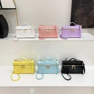 Women Crocodile Pattern Vanity Crossbody Bag PVC Exquisite Shoulder Bag Elegant Box Handbag With Gold Double Zippers