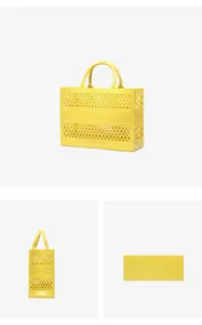 Detailed multiple views of a yellow hollow PVC beach tote bag with diamond cutouts