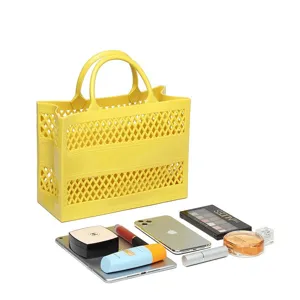 Spacious yellow PVC hollow out beach bag for travel storage and summer shopping