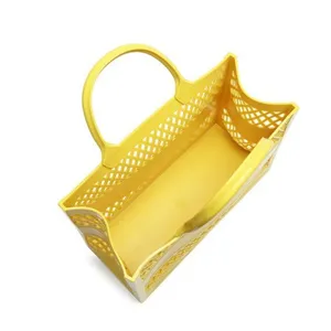 Large capacity yellow hollow-out PVC beach bag and storage tote basket for summer travel