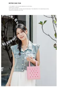 Stylish pink PVC beach bag featuring breathable holes and waterproof storage design