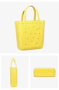 Detailed visual perspective of the yellow PVC jelly beach bag with star-shaped hollow pattern