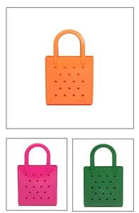 Set of colorful waterproof PVC beach tote bags with perforated hole design for storage.