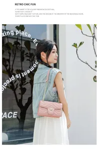 Asian model showcasing a stylish pink chevron quilted leather chain shoulder bag