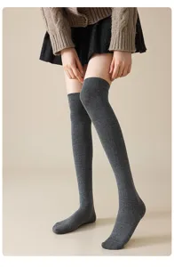 Dark grey over-the-knee socks for women, winter long cotton stockings, JK style leg warmers.