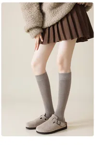 Grey cotton knee high socks for women, Japanese style slim calf socks for daily wear detail.