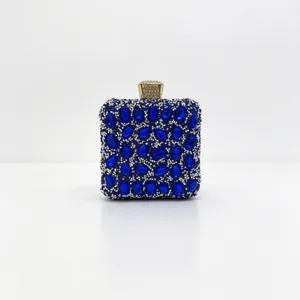 Detailed view of luxury blue crystal evening clutch bag with sparkling rhinestones