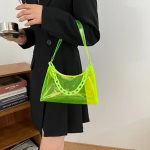 Detail view of neon yellow transparent PVC jelly bag with chunky plastic chain strap