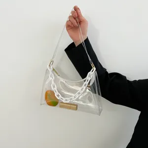 Close-up detail of a minimalist transparent PVC underarm bag with white chain strap.