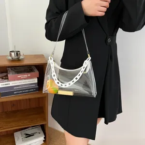 Close-up of a clear PVC underarm jelly bag with a chunky white plastic chain strap.