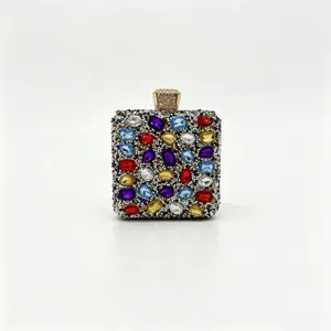 Macro view of luxury square evening clutch with vibrant multicolored rhinestones