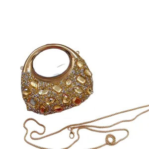 Luxurious mini moon evening clutch bag with amber rhinestones and gold chain strap