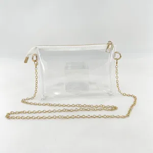 Detailed view of a fashionable clear jelly crossbody small bag with elegant gold chain strap