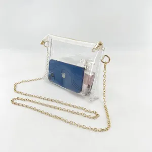 Detail view of a clear PVC crossbody bag with a gold chain strap and zipper.