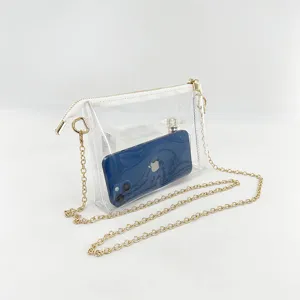 Detail of clear PVC crossbody bag with gold chain strap for smartphones
