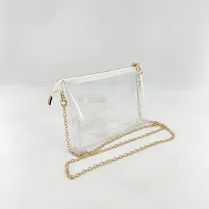 Elegant clear jelly cross-body bag featuring a stylish gold chain strap and zipper closure.