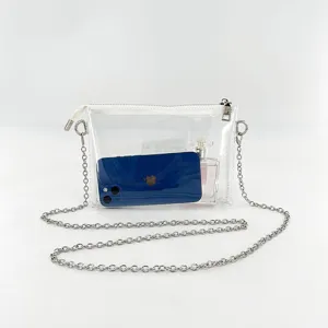Elegant transparent PVC jelly crossbody bag with silver chain strap and secure zipper