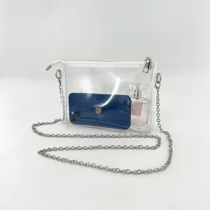 Detail of transparent PVC crossbody bag showing capacity with internal items