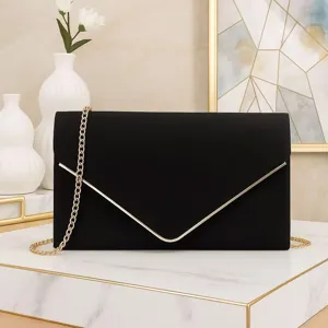 Elegant black evening clutch with gold V-metal trim and chain strap.