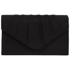 Detailed front view of a black pleated suede evening clutch bag for women