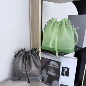 Close-up detail of translucent frosted TPU jelly bucket bags with drawstring closure