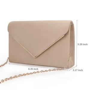 Detailed size measurements of elegant beige suede evening clutch with gold metal trim