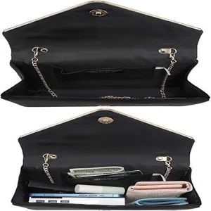 Interior view of black envelope evening clutch bag showing storage capacity for items