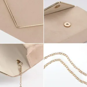 Detailed view of beige suede evening clutch with gold metal trim and chain strap