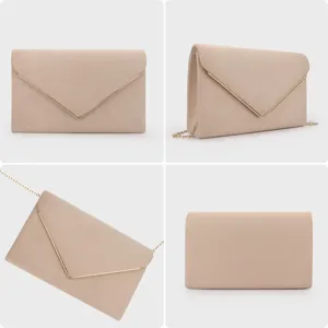 Elegant beige envelope evening clutch with gold V-shape metal edge and fine chain strap
