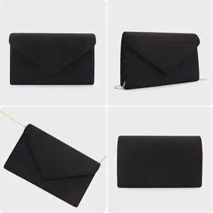 Detailed four-way view of an elegant black envelope clutch with a gold chain strap.