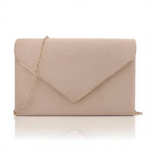 Elegant beige suede evening clutch bag with gold metal V-trim and chain strap