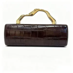 Elegant brown crocodile embossed PU clutch bag featuring a sculptural gold handle
