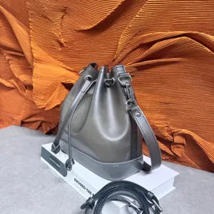 Elegant gray frosted TPU bucket bag with drawstring closure and adjustable shoulder strap