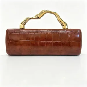 Vintage brown crocodile embossed PU clutch bag with sculptural gold-tone handle