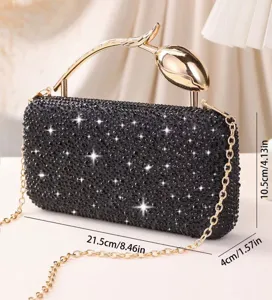 Detailed view of the black rhinestone evening clutch bag showing its dimensions and tulip handle
